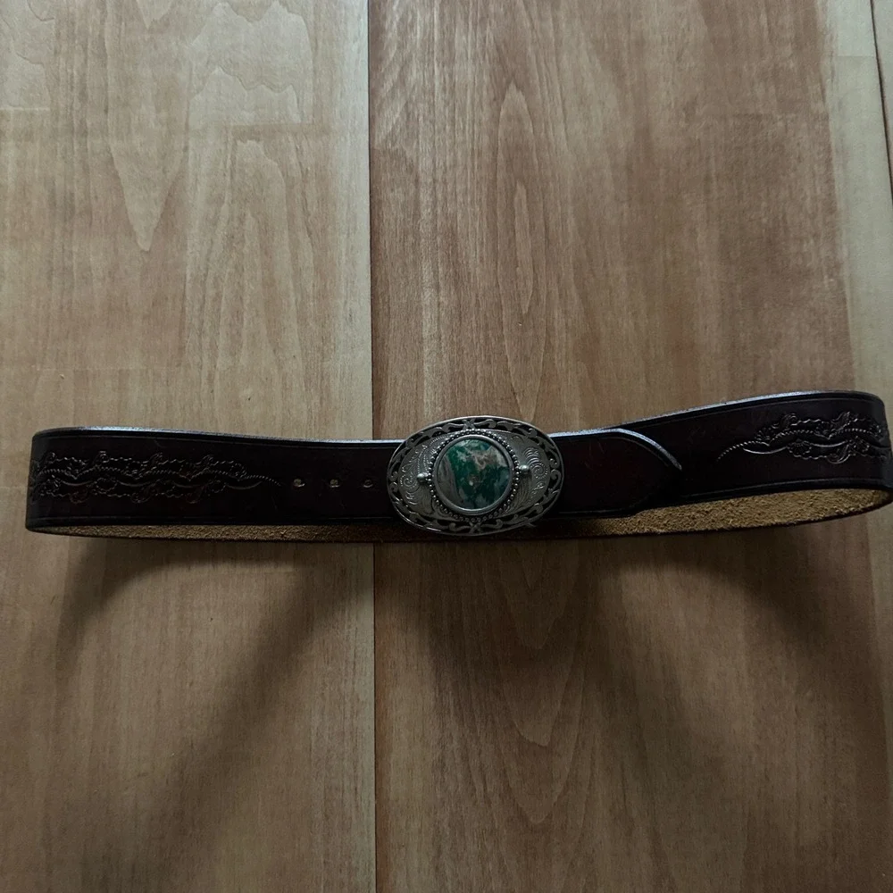 Vintage Justin Western Leather Belt Brown Leather Silver Tone Stone‎ Buckle USA